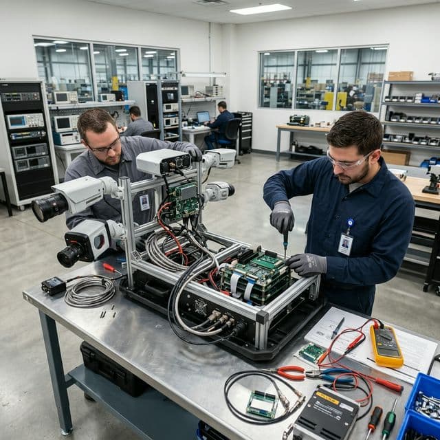 Engineering workshop with custom surveillance system components being assembled
