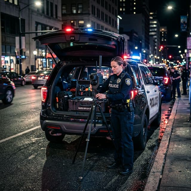 Emergency response team deploying portable surveillance cameras at an incident scene