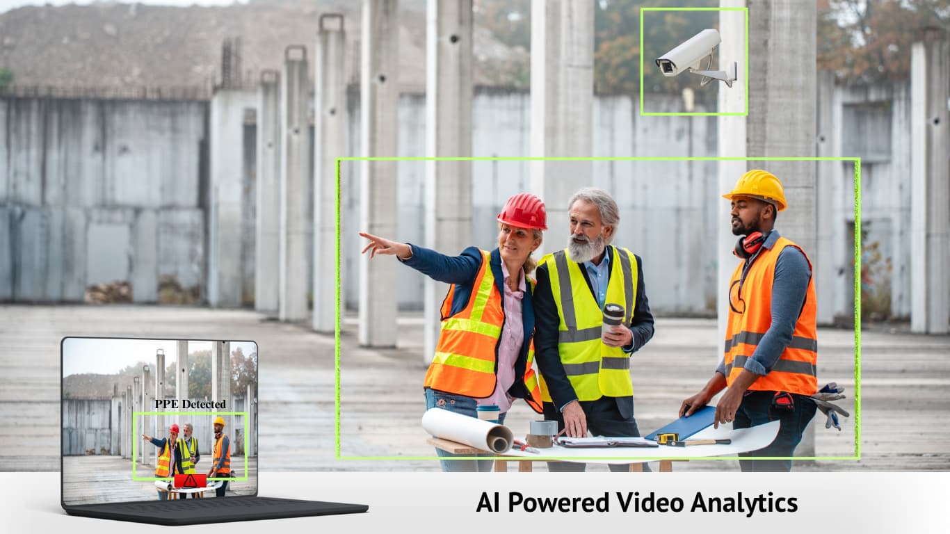 AI video analytics dashboard monitoring a construction site with intelligent threat detection