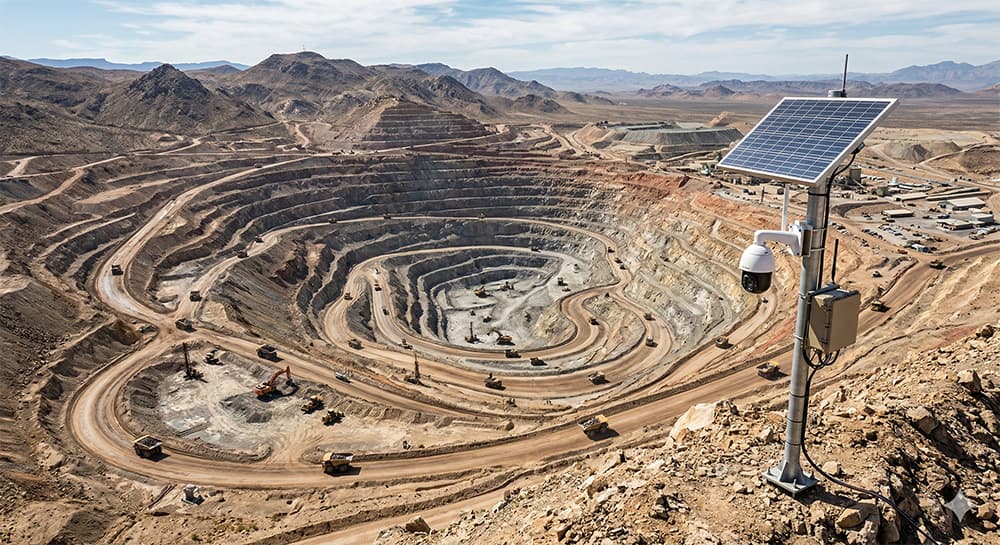 RadiusVision solar-powered surveillance system overlooking a large open-pit mining operation with haul trucks and excavators