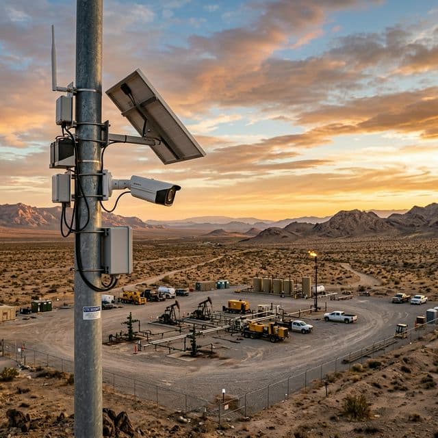 Solar-powered surveillance trailer deployed at a remote desert location