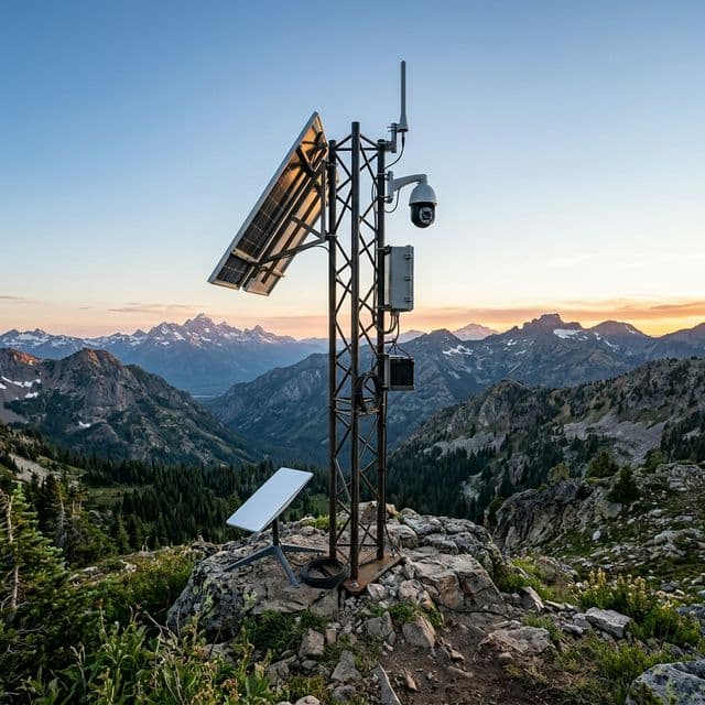 Remote surveillance trailer with satellite dish deployed in an isolated rural landscape