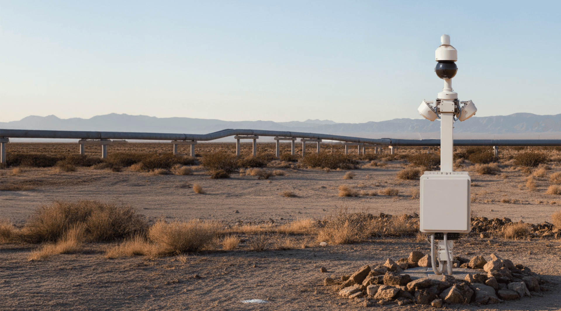 RadiusVision solar-powered surveillance system protecting a remote industrial site in a desert environment